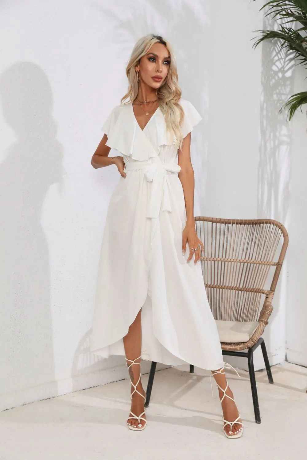 Waist-Tied Ruffled Neckline Short Sleeve Midi Dress