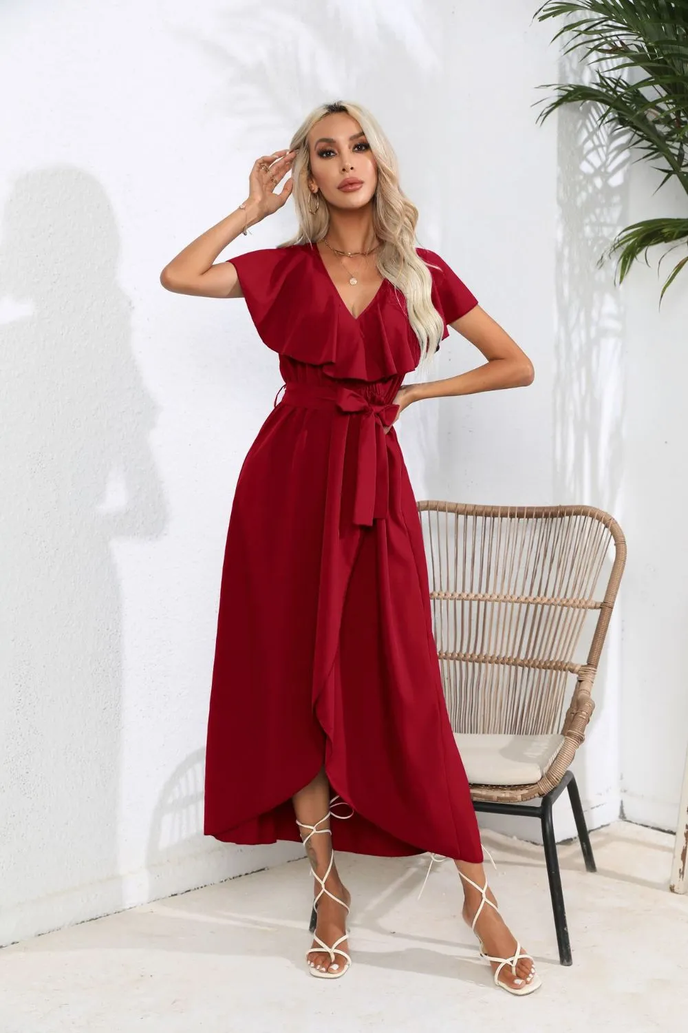 Waist-Tied Ruffled Neckline Short Sleeve Midi Dress