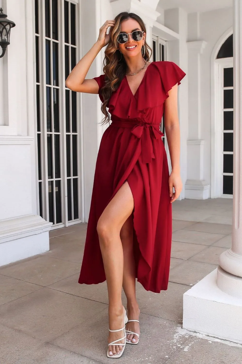 Waist-Tied Ruffled Neckline Short Sleeve Midi Dress