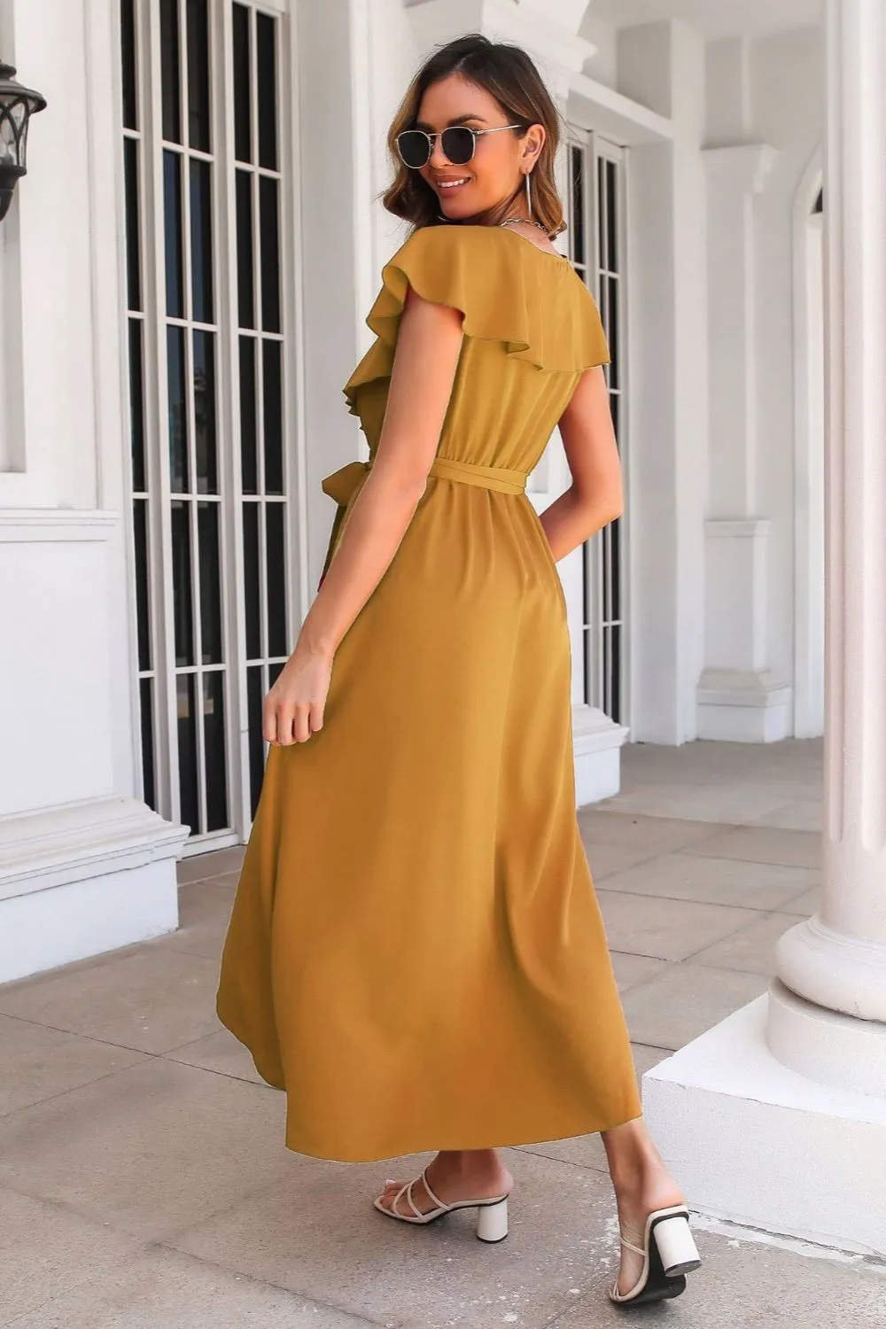 Waist-Tied Ruffled Neckline Short Sleeve Midi Dress