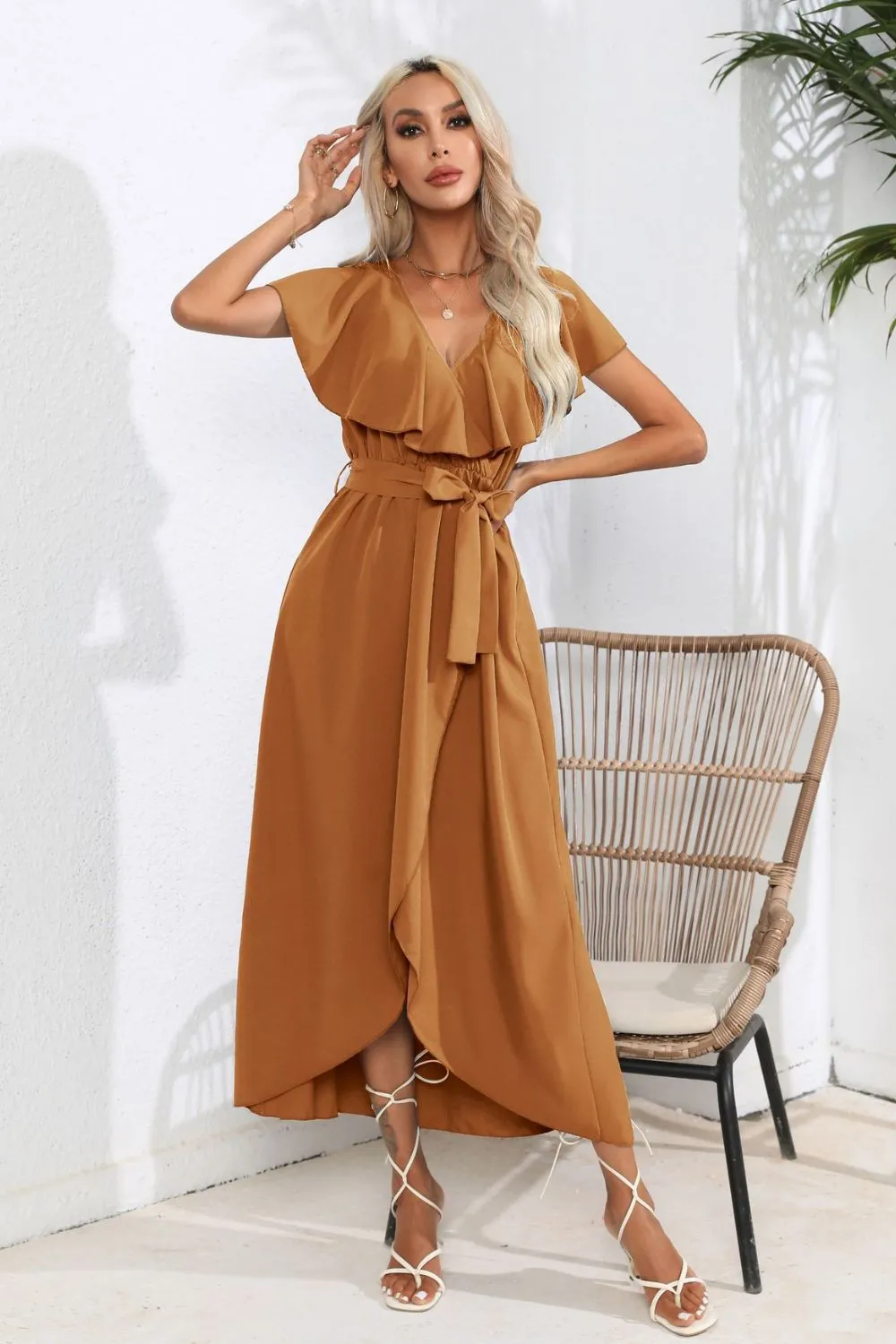 Waist-Tied Ruffled Neckline Short Sleeve Midi Dress