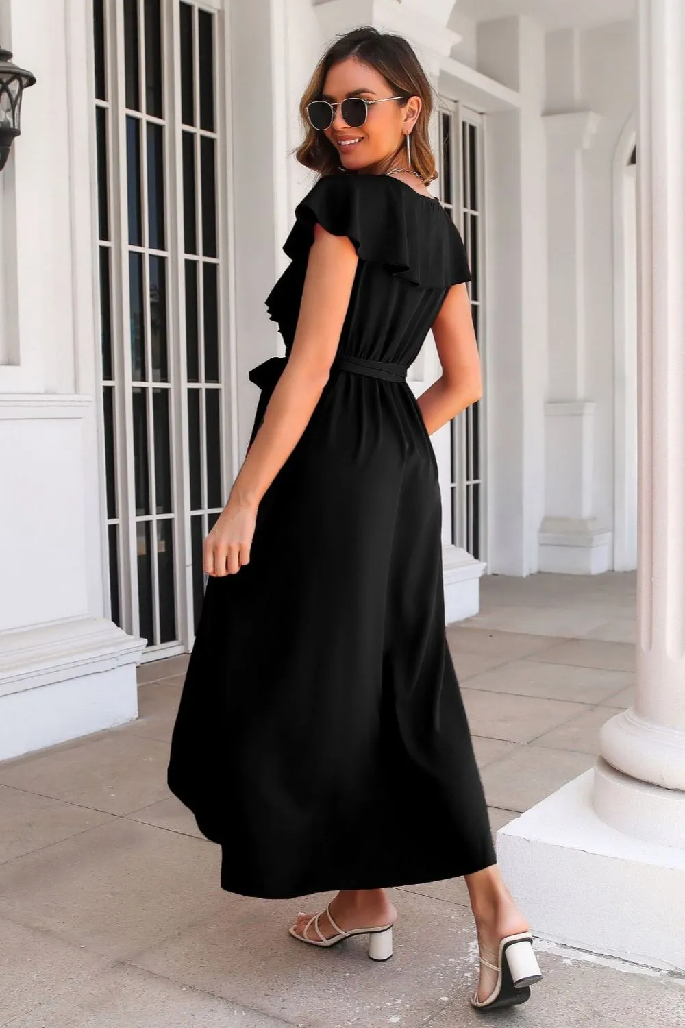 Waist-Tied Ruffled Neckline Short Sleeve Midi Dress