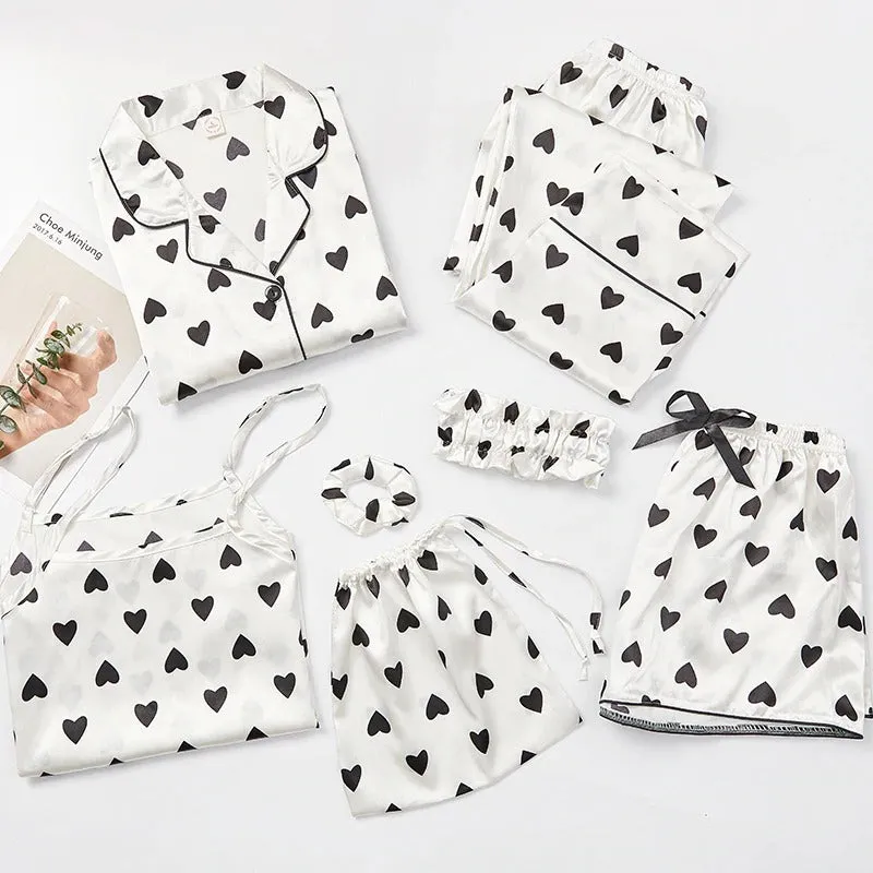 Women 7 Pieces Pajamas Sets Faux Silk Pajama Sets For Women