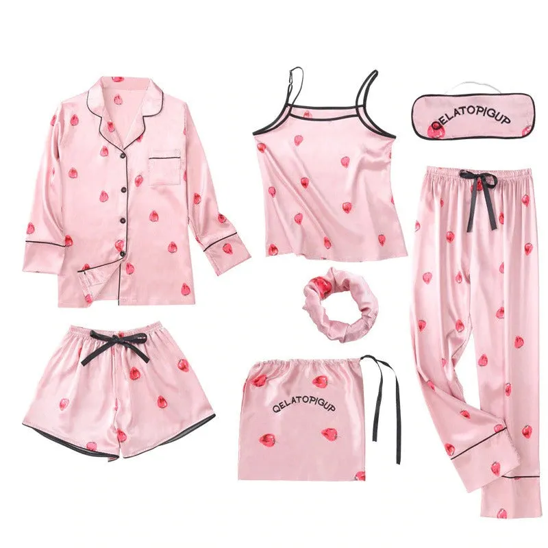 Women 7 Pieces Pajamas Sets Faux Silk Pajama Sets For Women