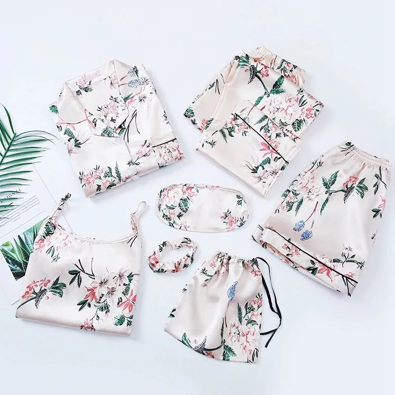 Women 7 Pieces Pajamas Sets Faux Silk Pajama Sets For Women