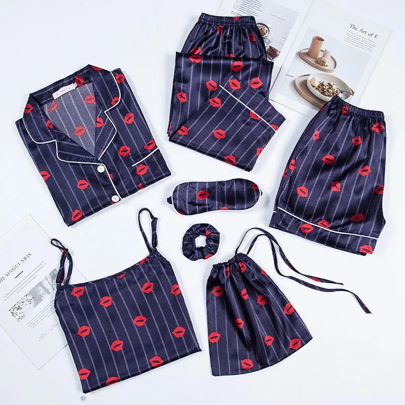 Women 7 Pieces Pajamas Sets Faux Silk Pajama Sets For Women