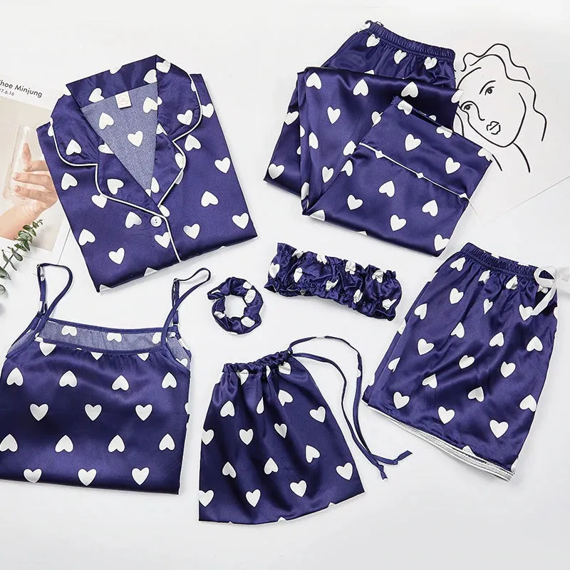 Women 7 Pieces Pajamas Sets Faux Silk Pajama Sets For Women