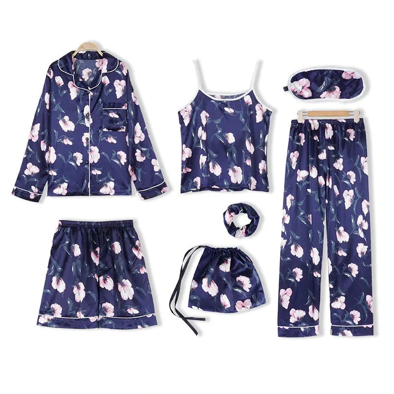 Women 7 Pieces Pajamas Sets Faux Silk Pajama Sets For Women