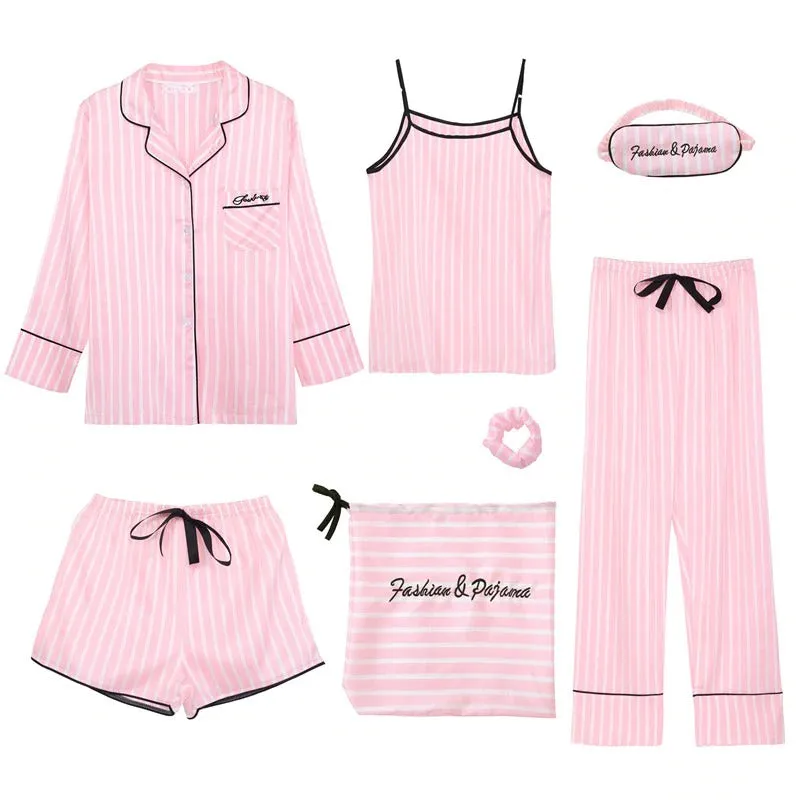 Women 7 Pieces Pajamas Sets Faux Silk Pajama Sets For Women