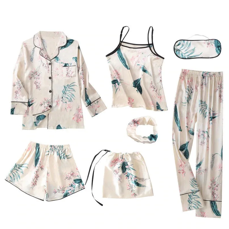 Women 7 Pieces Pajamas Sets Faux Silk Pajama Sets For Women