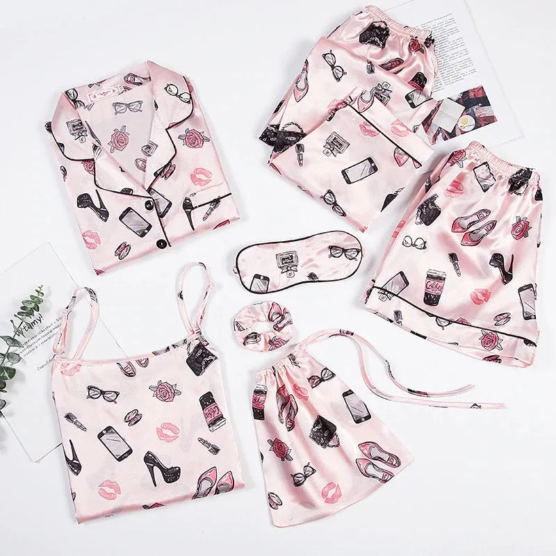 Women 7 Pieces Pajamas Sets Faux Silk Pajama Sets For Women