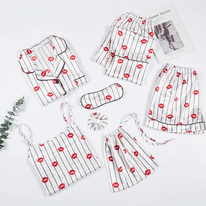 Women 7 Pieces Pajamas Sets Faux Silk Pajama Sets For Women