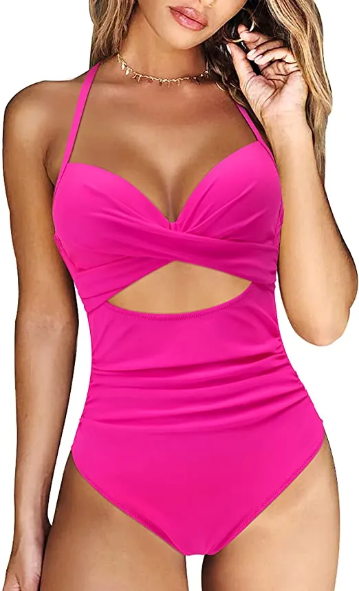 Women Cutout One Piece  Tummy Control Swimsuit Cross Back Bathing Suit