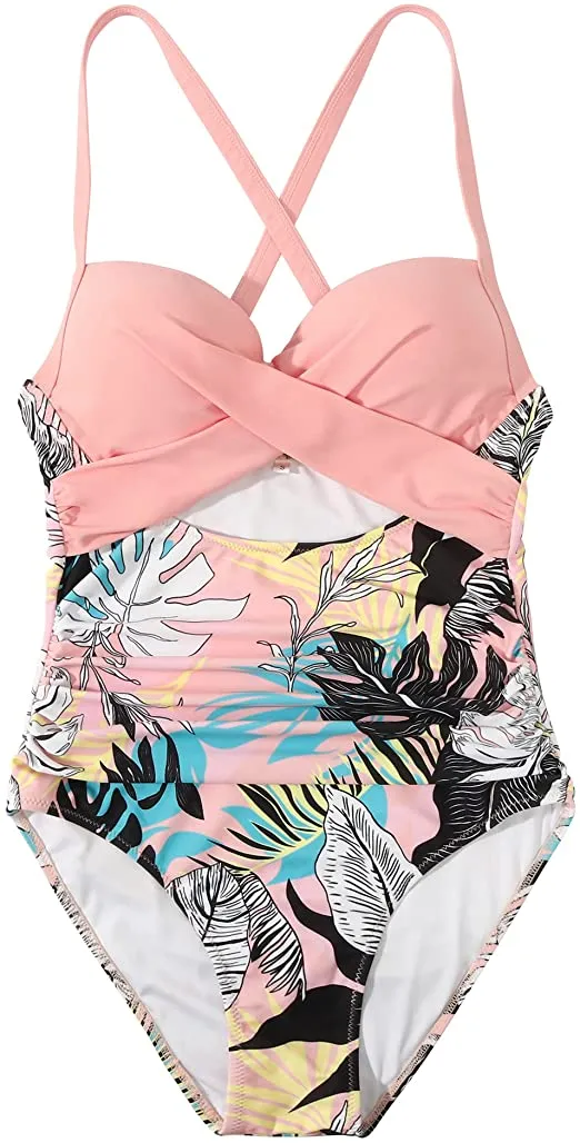 Women Cutout One Piece  Tummy Control Swimsuit Cross Back Bathing Suit