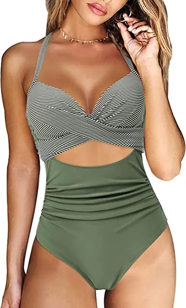 Women Cutout One Piece  Tummy Control Swimsuit Cross Back Bathing Suit