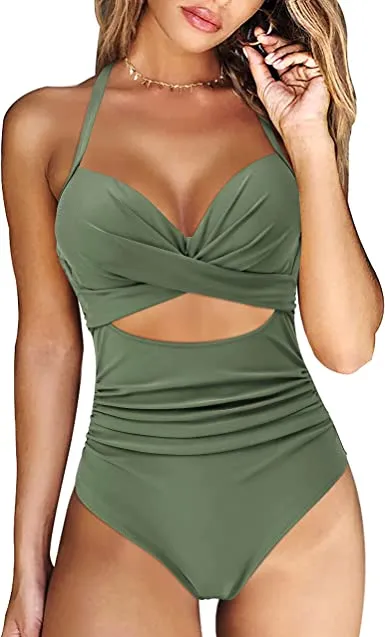 Women Cutout One Piece  Tummy Control Swimsuit Cross Back Bathing Suit
