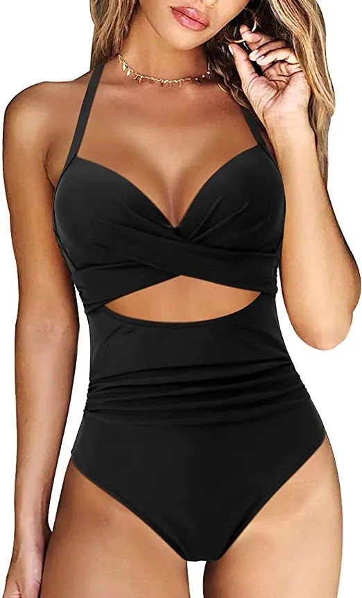 Women Cutout One Piece  Tummy Control Swimsuit Cross Back Bathing Suit