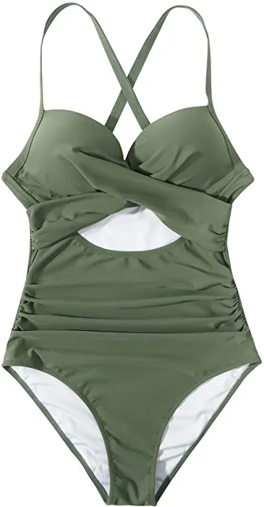 Women Cutout One Piece  Tummy Control Swimsuit Cross Back Bathing Suit