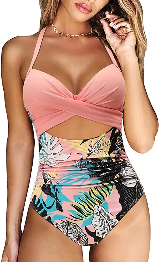 Women Cutout One Piece  Tummy Control Swimsuit Cross Back Bathing Suit