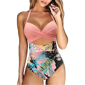Women Cutout One Piece  Tummy Control Swimsuit Cross Back Bathing Suit