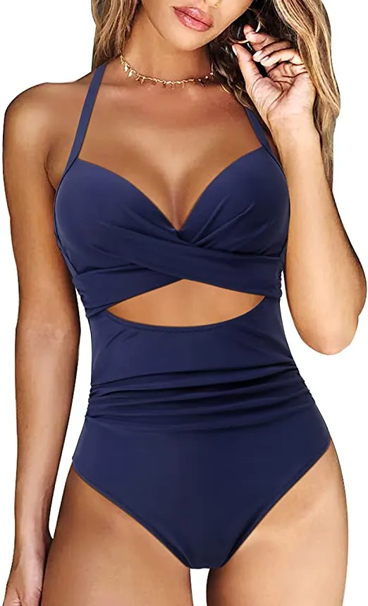 Women Cutout One Piece  Tummy Control Swimsuit Cross Back Bathing Suit