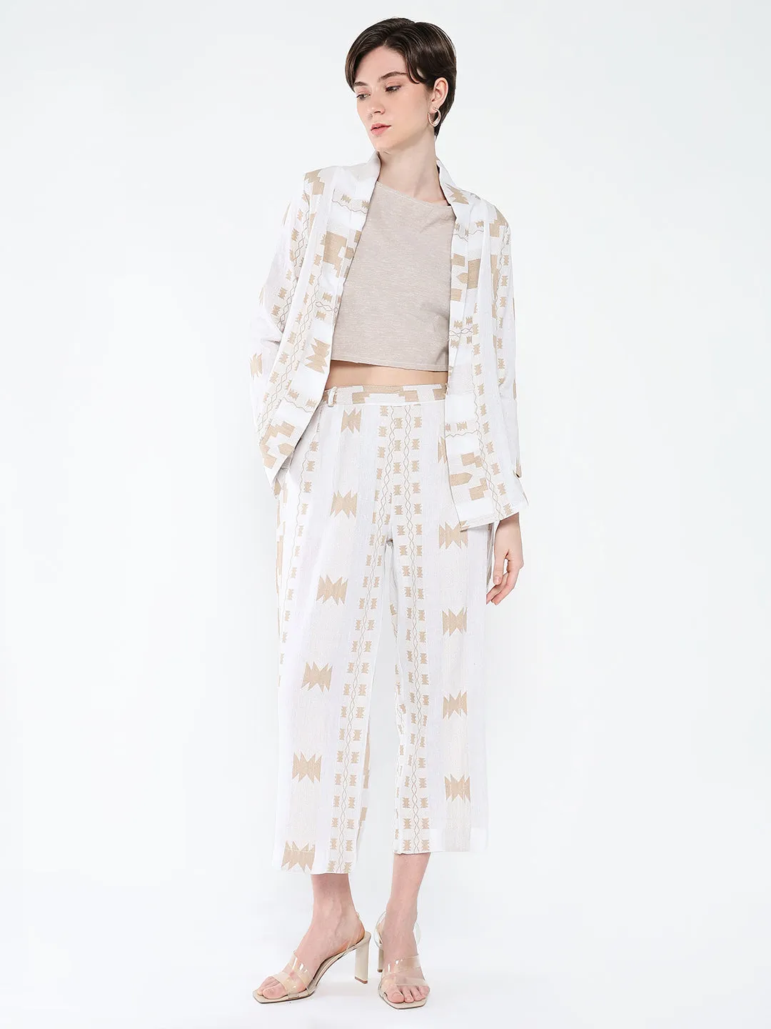 Women Off White Solid Co Ords Set with Blazer