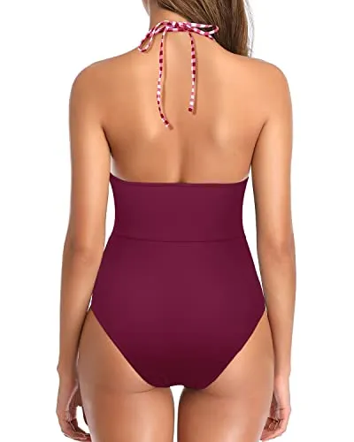 Women One Piece Swimsuit Tummy Control Bathing Suit V Neck Swimwear-Wine Red Plaid