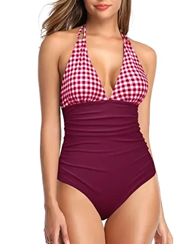 Women One Piece Swimsuit Tummy Control Bathing Suit V Neck Swimwear-Wine Red Plaid