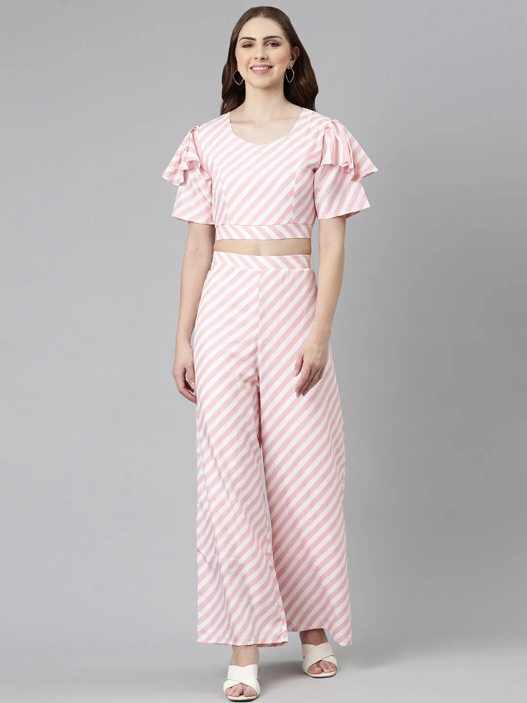Women Peach Striped Co-Ords