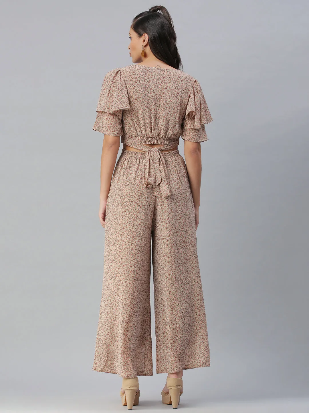 Women Sweetheart Neck Printed Beige Co-Ords Set