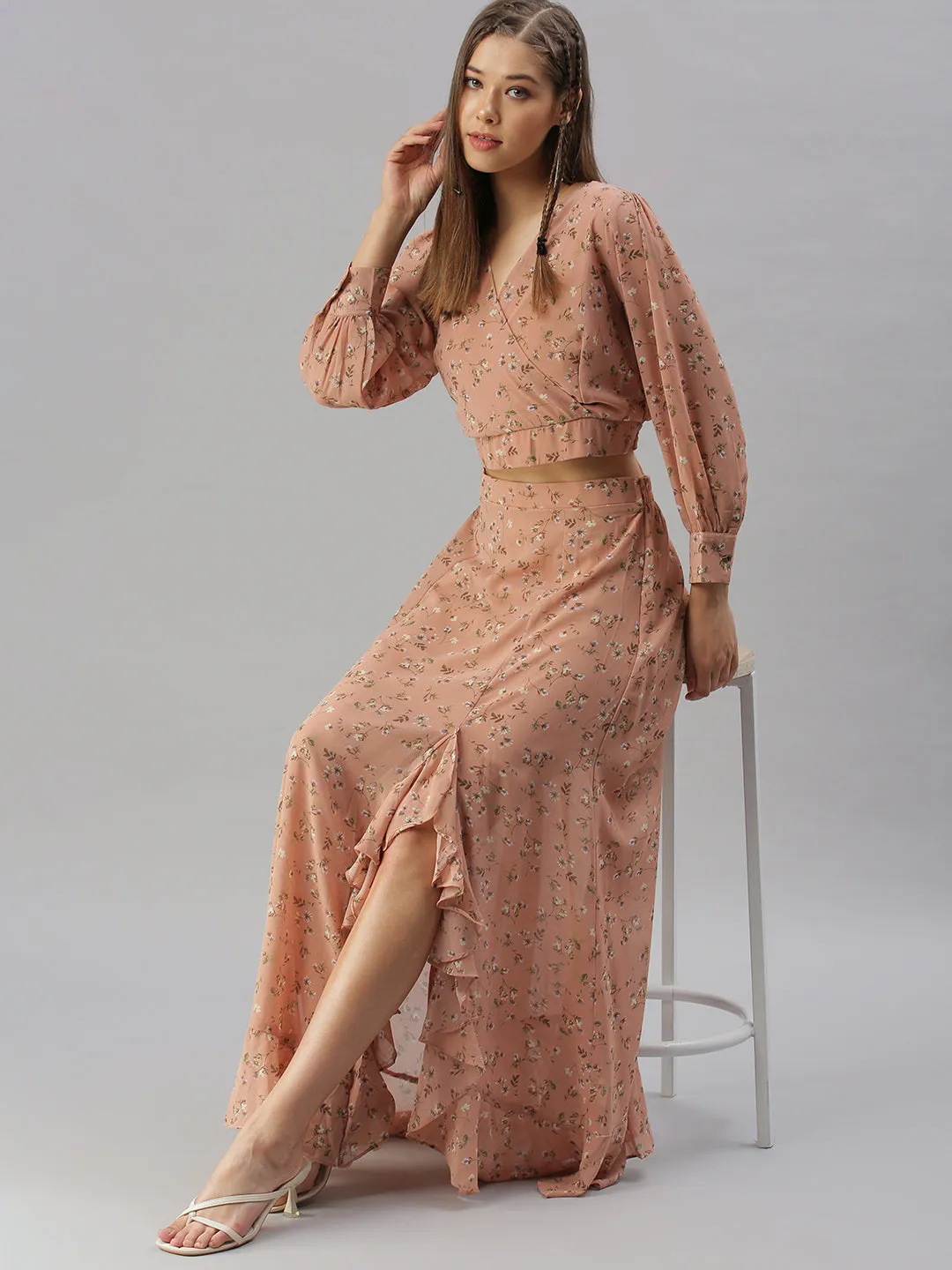 Women V-Neck Printed Nude Co-Ords Set
