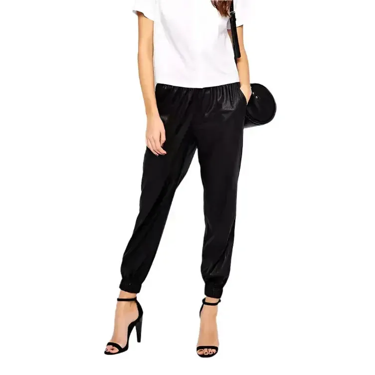 Women's Black Lambskin Leather Joggers – Lace-Up Stylish & Comfortable