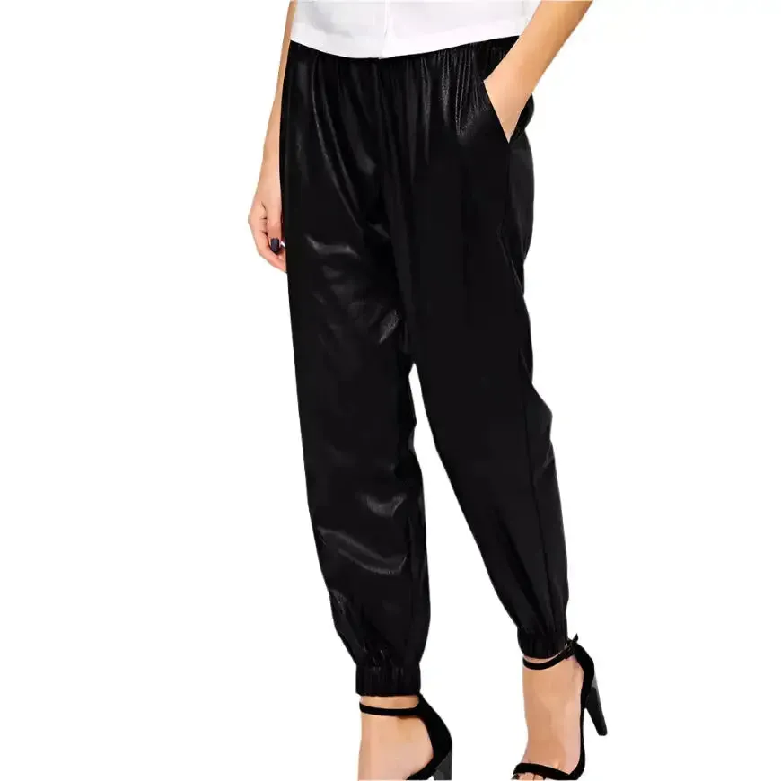 Women's Black Lambskin Leather Joggers – Lace-Up Stylish & Comfortable