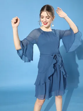 Women's Dusty Blue Round Neck Ruffled Sleeve Solid Ruffled Midi Dress