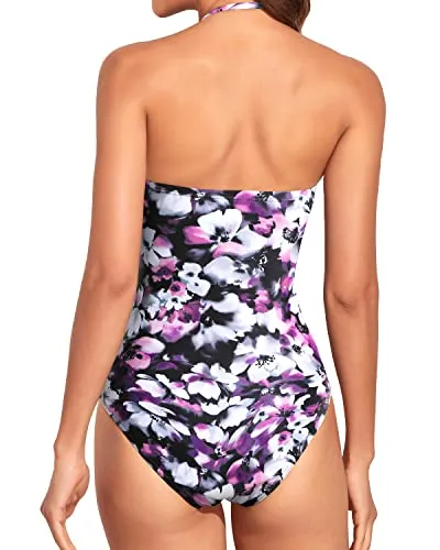 Women's Full Coverage Swimsuit Strapless Bandeau Bathing Suit-Purple Flowers