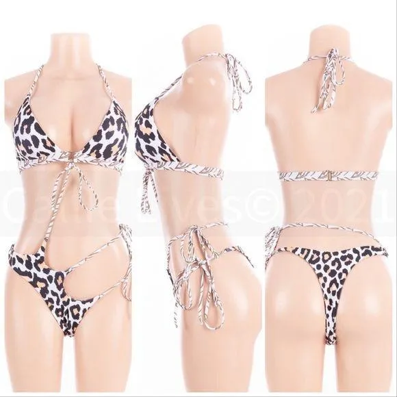 Xena Wild Zebra: White Leopard Animal Print Strappy Thong Bikini